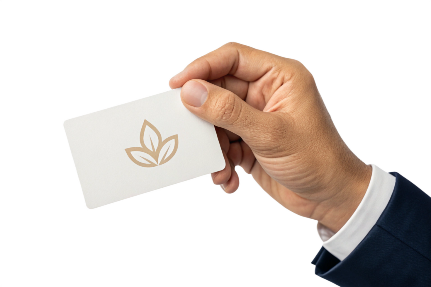 A Person in a Business Suit Holding a White Card with a Gold Leaf Logo png