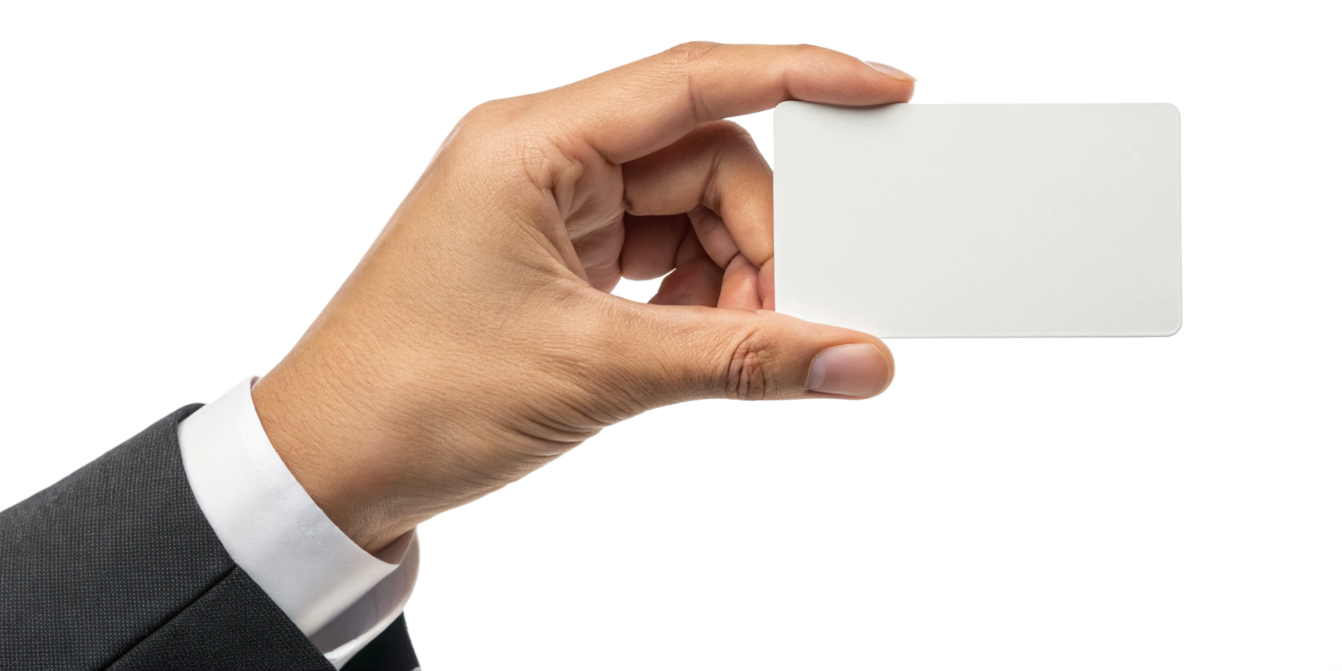A hand in a business suit holds a blank white card for mockup png