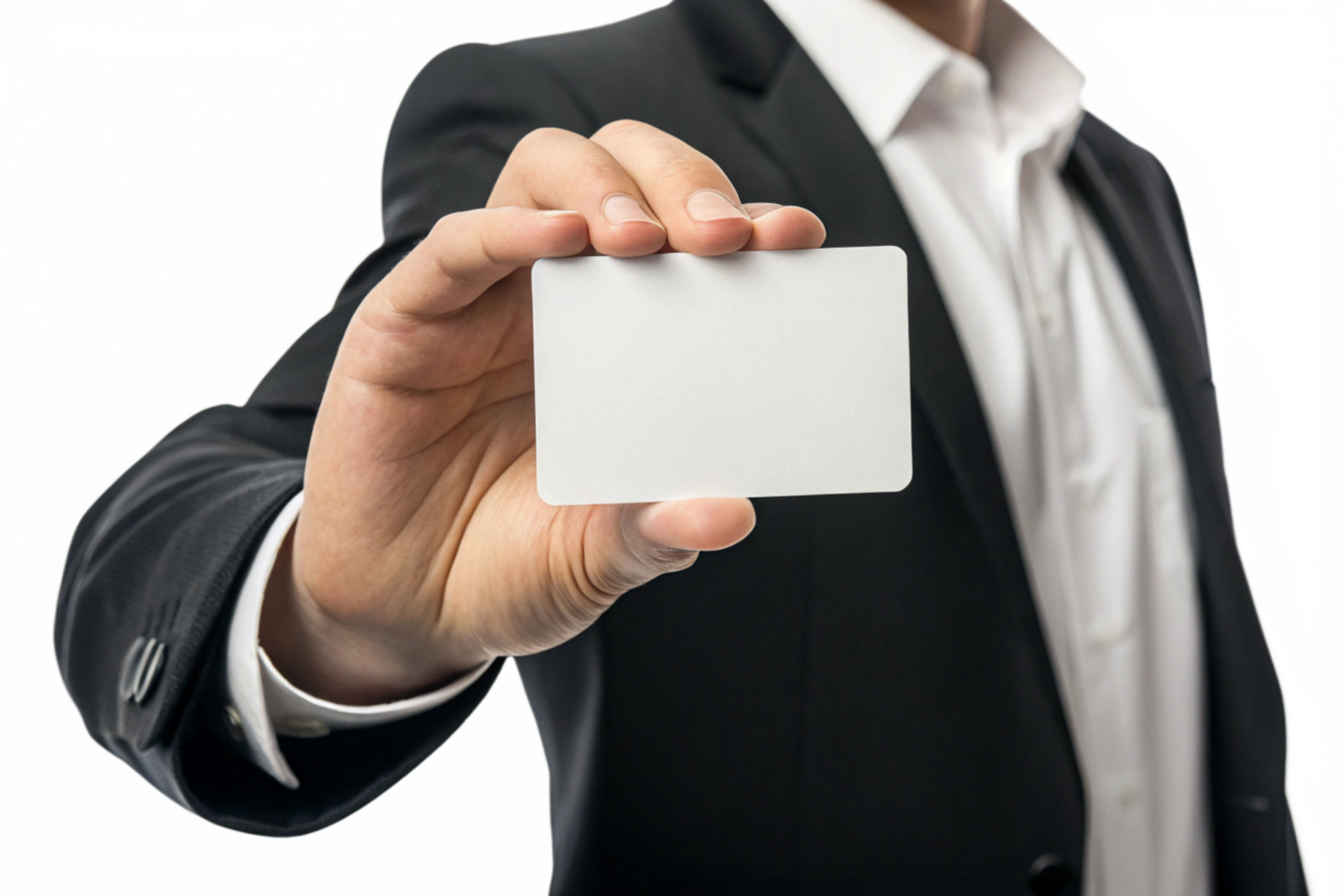 Businessman in a black suit presenting a blank white business card png