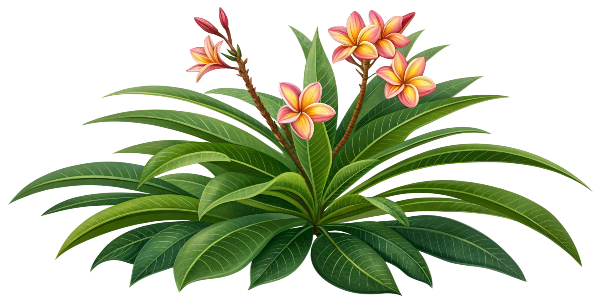 Vibrant Plumeria Plant with Lush Green Foliage and Delicate Pink and Yellow Blooms png
