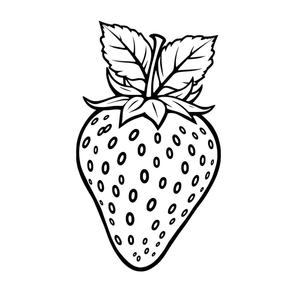 Line Art Illustration Of A Single Ripe Strawberry With Leaves vector