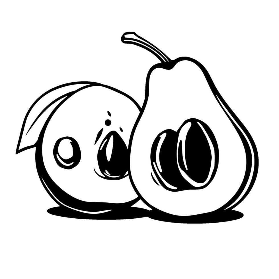 Simple Line Drawing Of A Peach And Halved Avocado vector