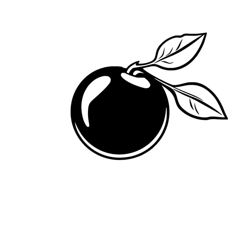 Simple Black And White Illustration Of A Single Round Fruit With Leaves vector
