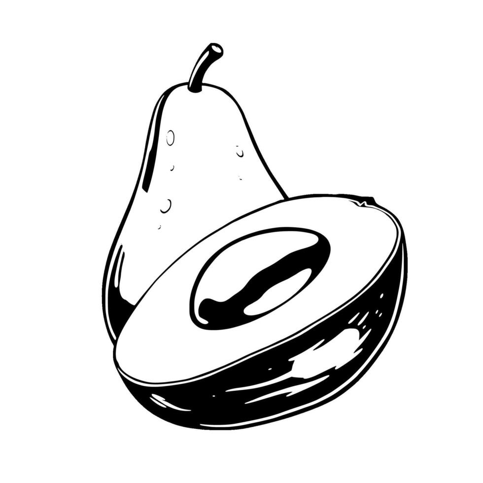 A Halved Avocado Beside A Whole Pear Monochrome Illustration vector