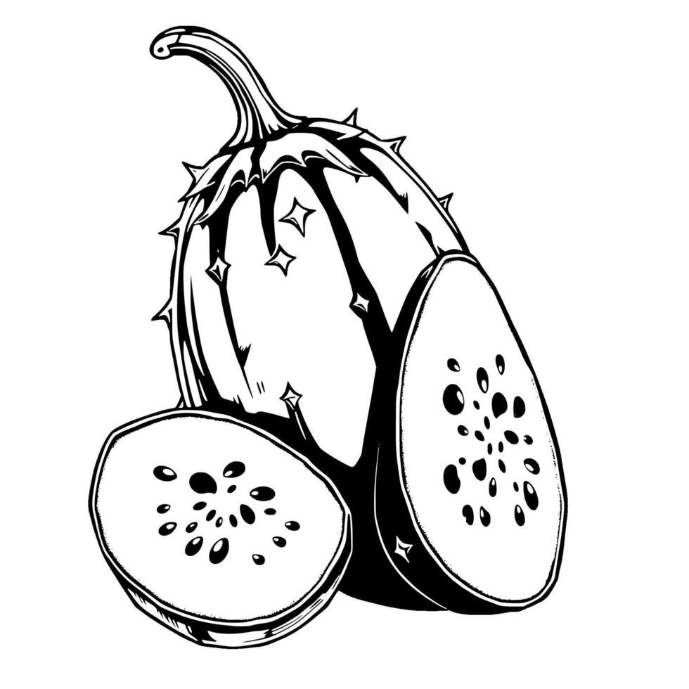 A Striking Black And White Illustration Of Kiwano Melon Sliced Open To Reveal Its Unique Interior vector