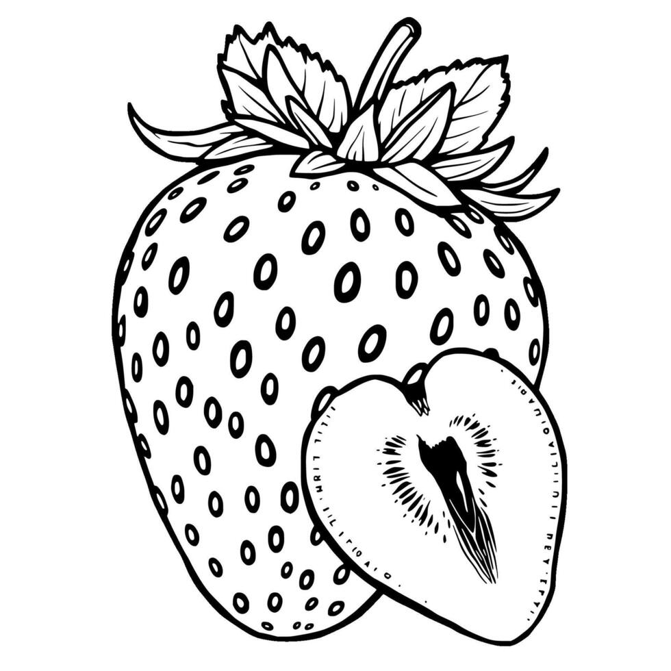 Detailed Line Drawing Of A Strawberry Whole And Halved Showing Seeds And Leaves vector