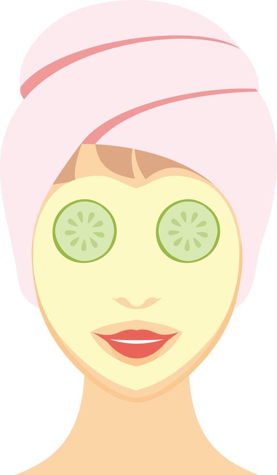 A woman with a towel on her head and cucumber on her face vector