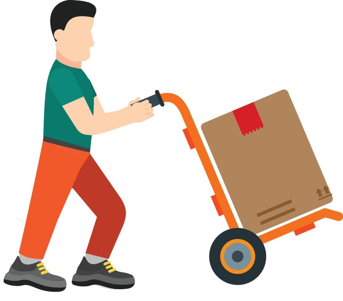 A man pushing a hand truck with a box on it vector