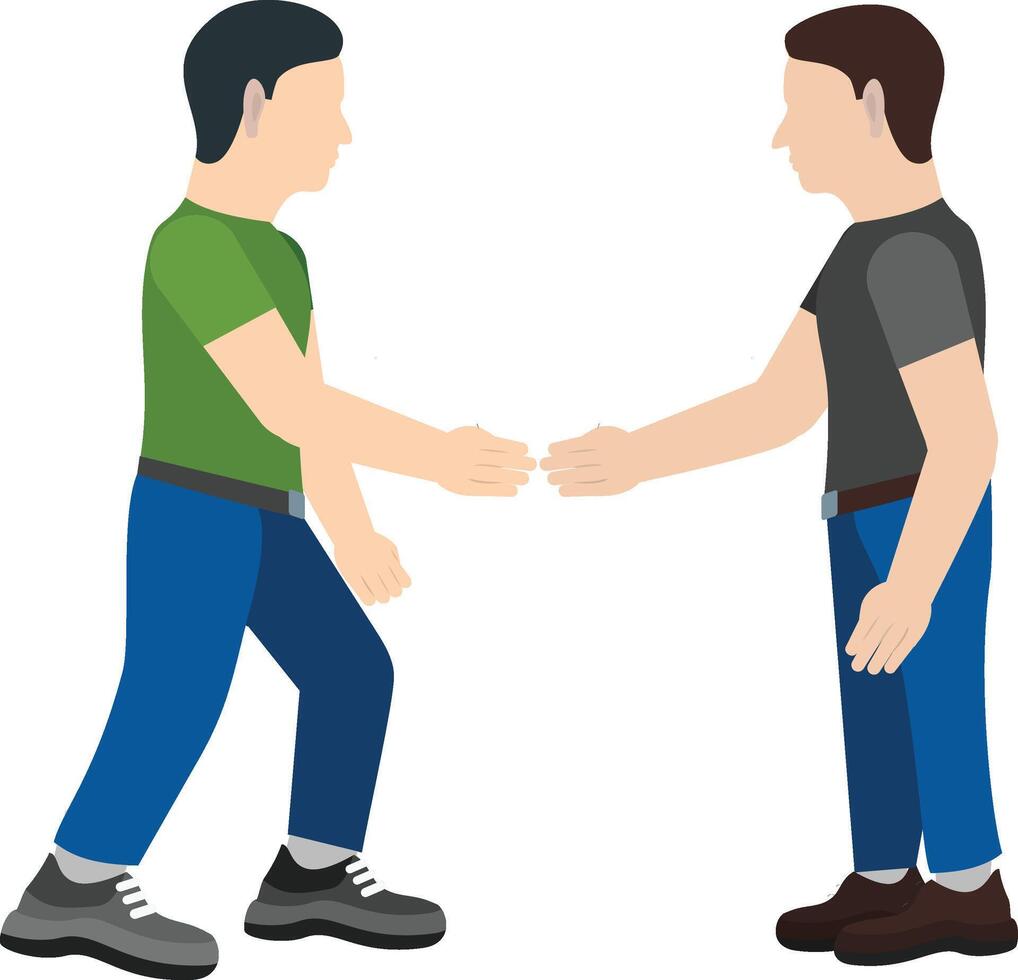 Two men shaking hands, one is wearing a green shirt and the other is wearing blue jeans vector