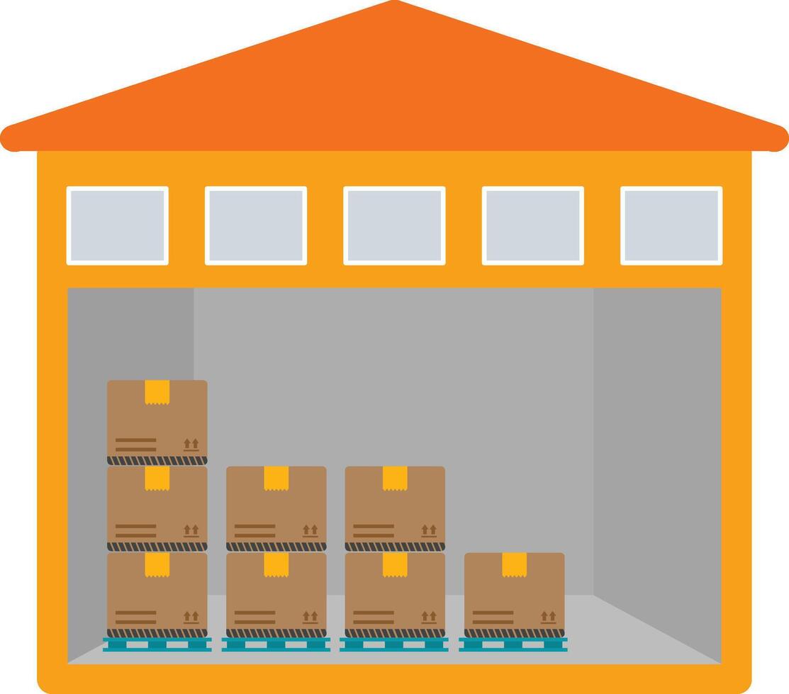 An orange warehouse with boxes and pallets inside vector