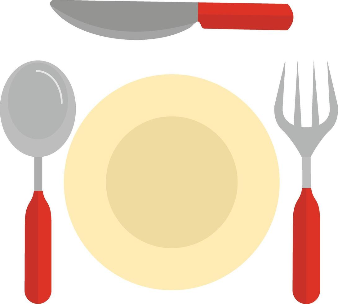 A plate, fork, spoon and knife are shown vector