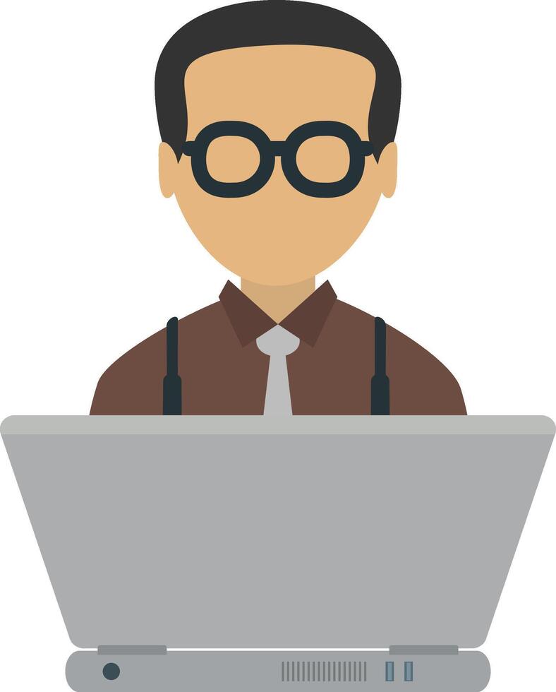 A man wearing glasses and a tie is sitting at a computer vector