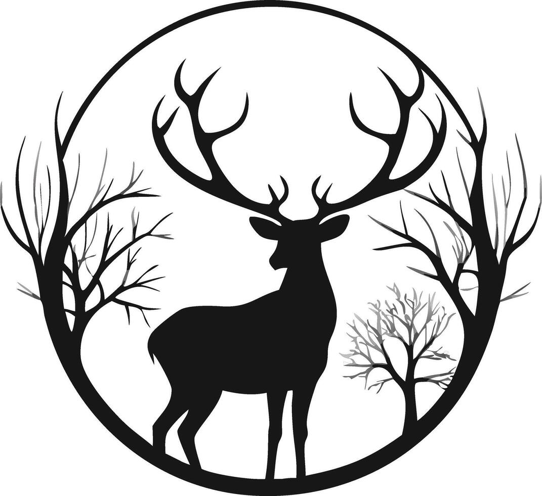Deer Silhouette In Circle With Bare Trees vector