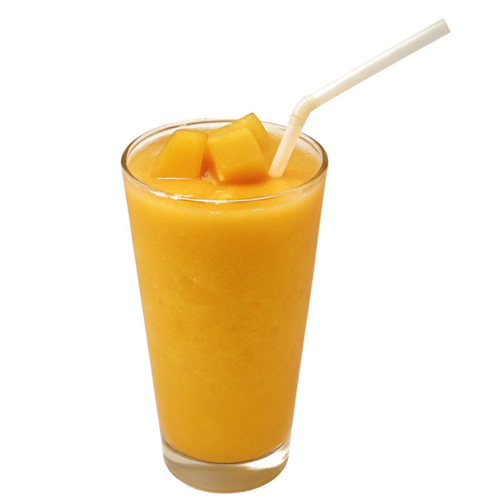 Refreshing Mango Smoothie in a Glass with a Straw and Mango Cubes png