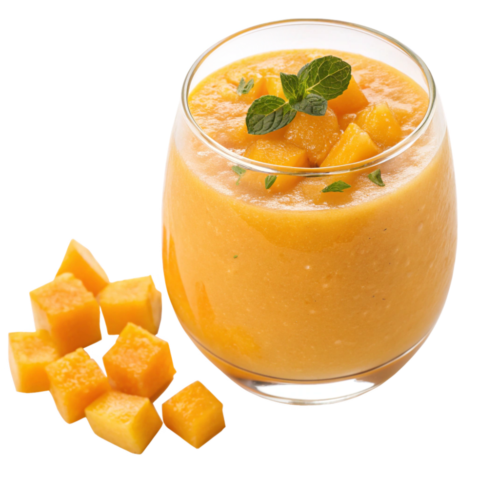 Refreshing Mango Mint Smoothie with Diced Mango Garnish in a Glass png