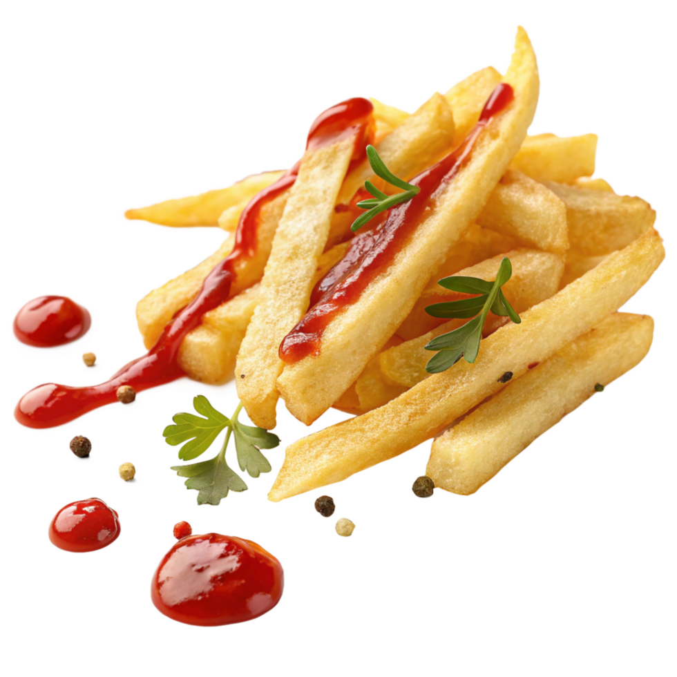 Delicious Golden French Fries with Ketchup and Herbs A mouthwatering image of crispy fried potatoes png