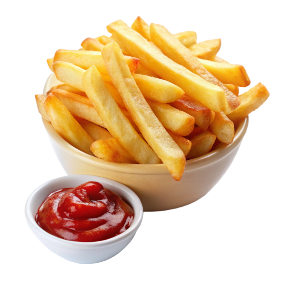 A Bowl of Delicious Golden French Fries with a Side of Ketchup png