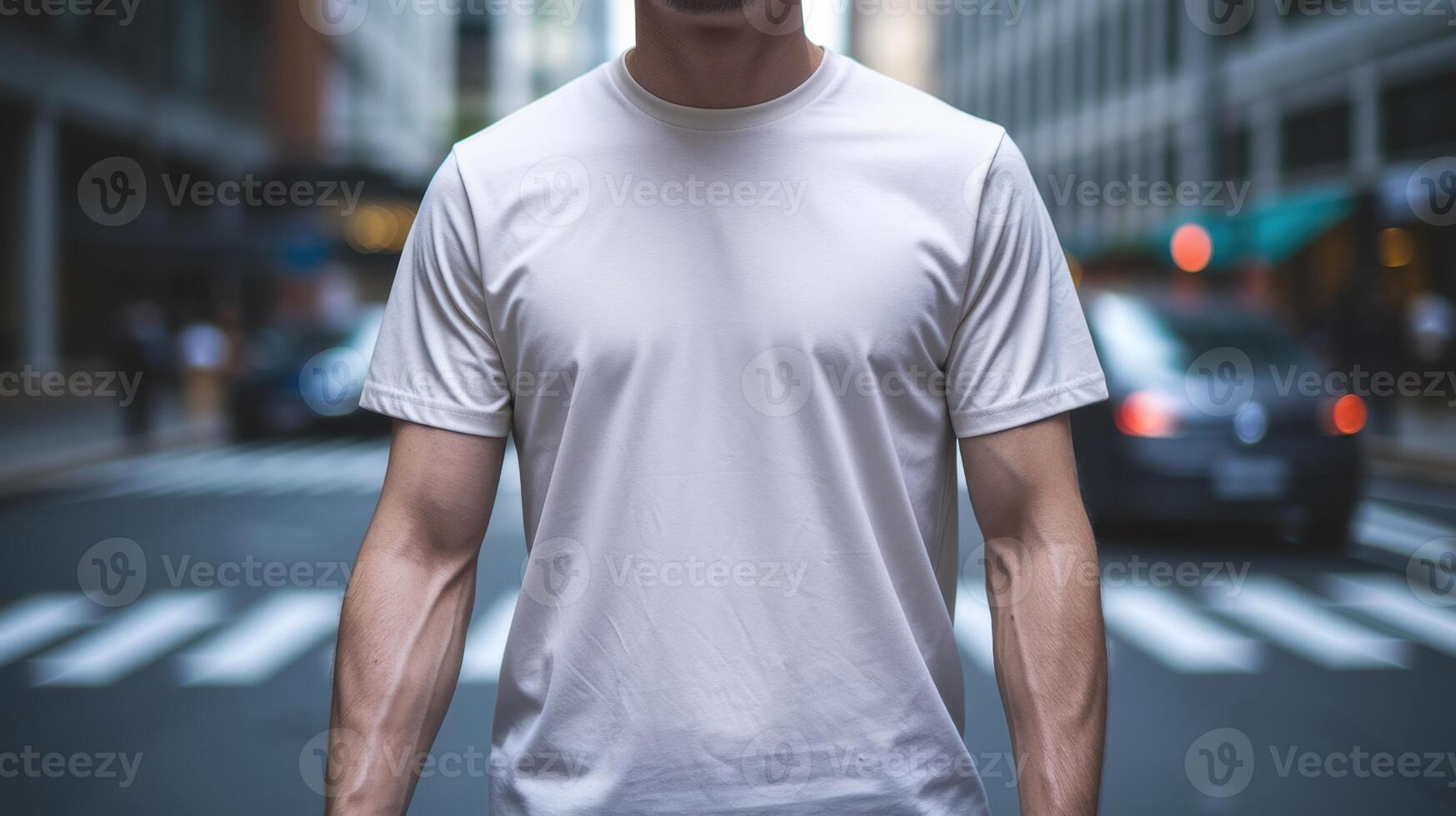 Person in simple white t-shirt, walking down an urban street with crosswalk and blurred vehicles. photo