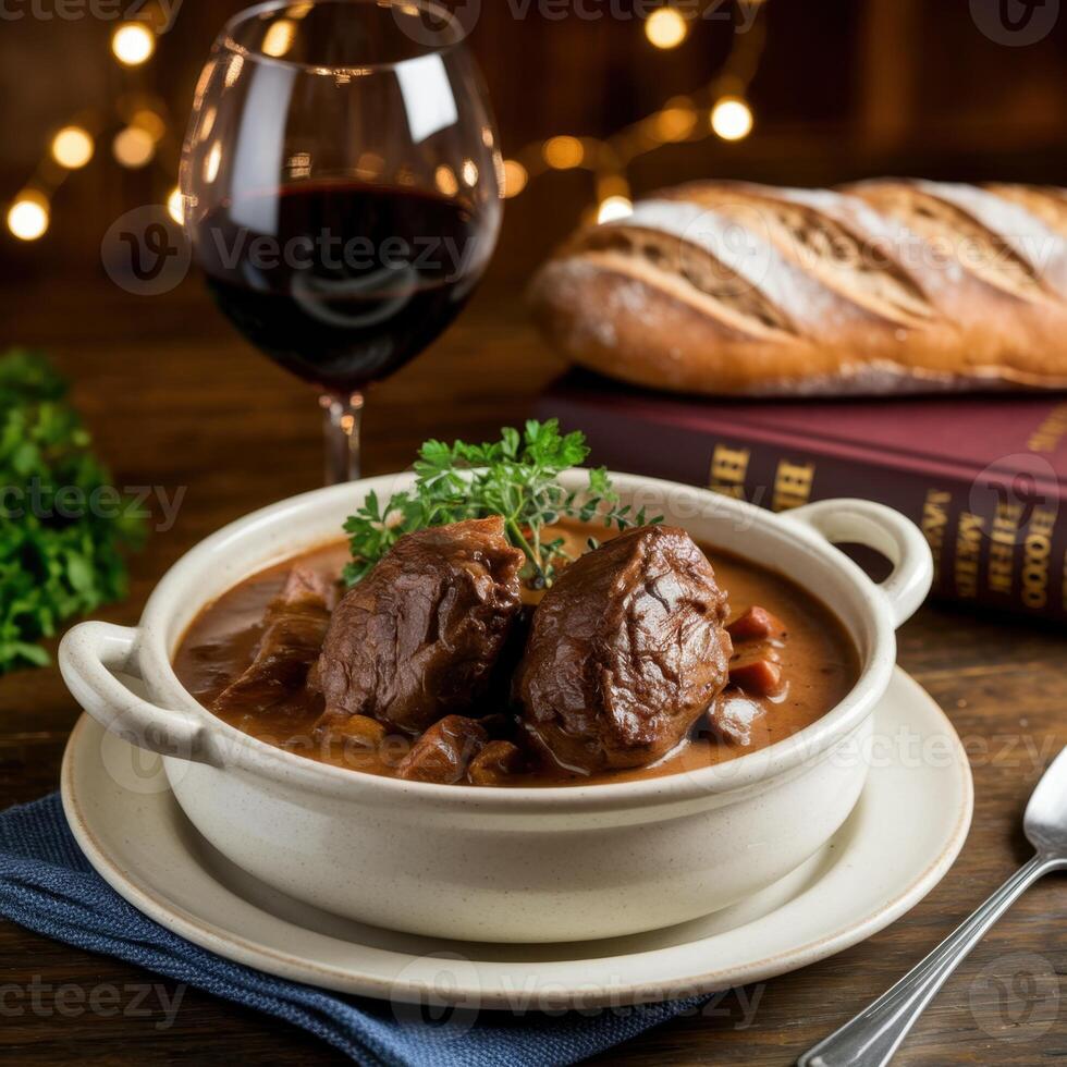 Hearty beef stew served in a cream colored ceramic bowl, paired with red wine and artisan bread. photo