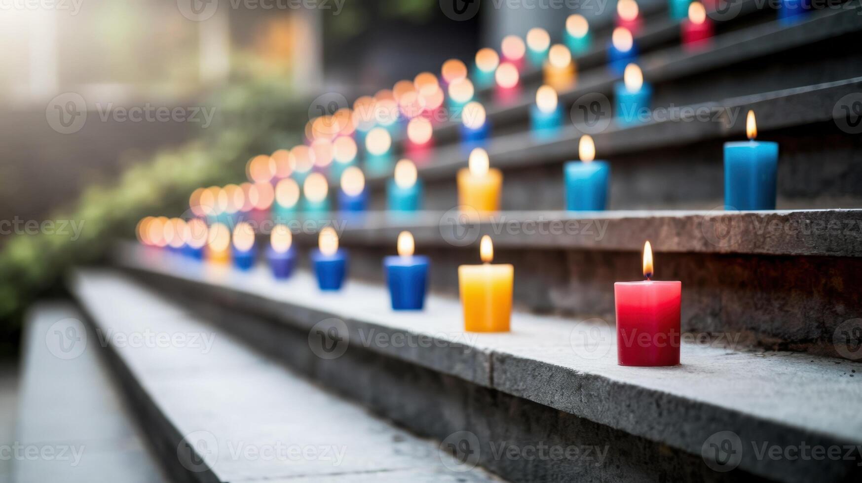 Candles line stone steps with colorful flames, creating a reflective and serene atmosphere. photo