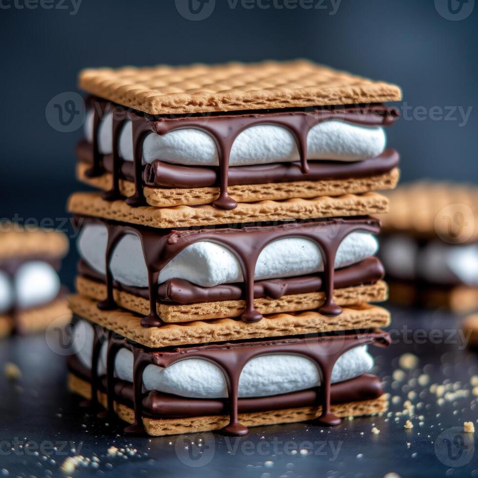 Stacked S'mores Graham crackers, marshmallows, and rich chocolate in a sweet layered treat. photo