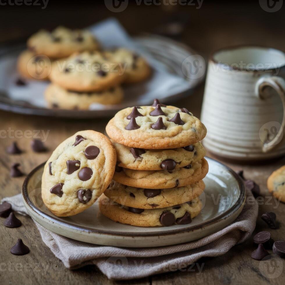 gooey chocolate chip cookies stacked high on a plate, ready to be enjoyed with a drink. photo