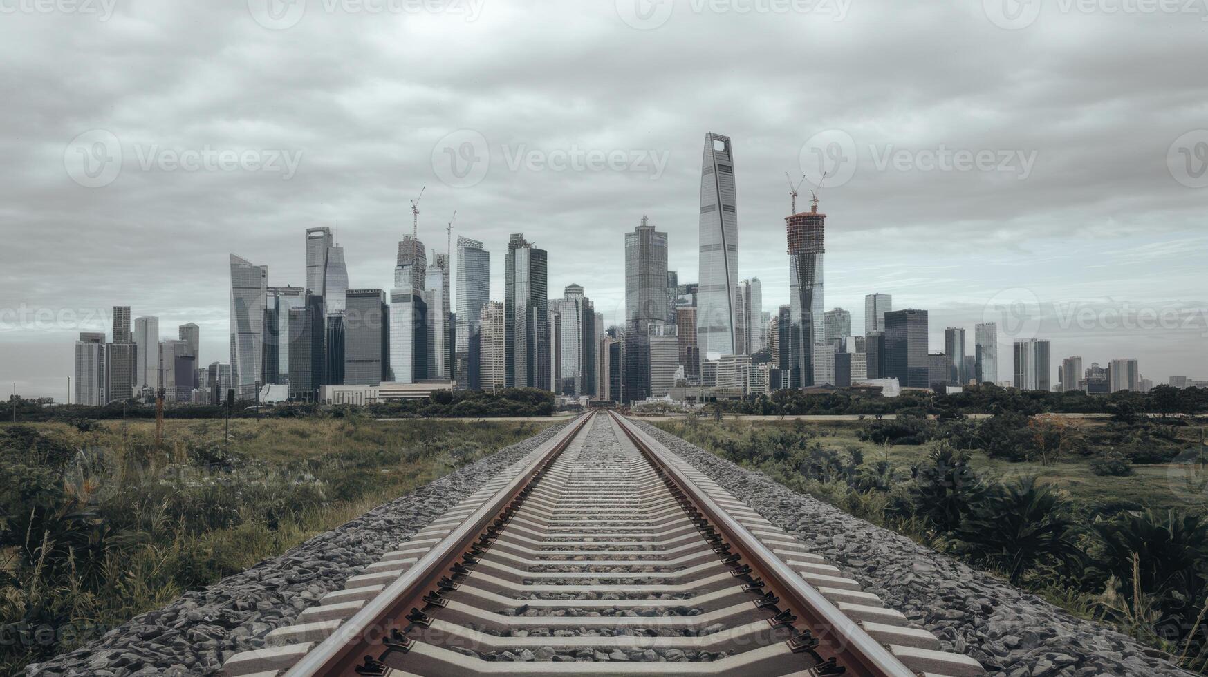 Railway tracks leading into a modern urban skyline under a cloudy sky, suggesting progress. photo
