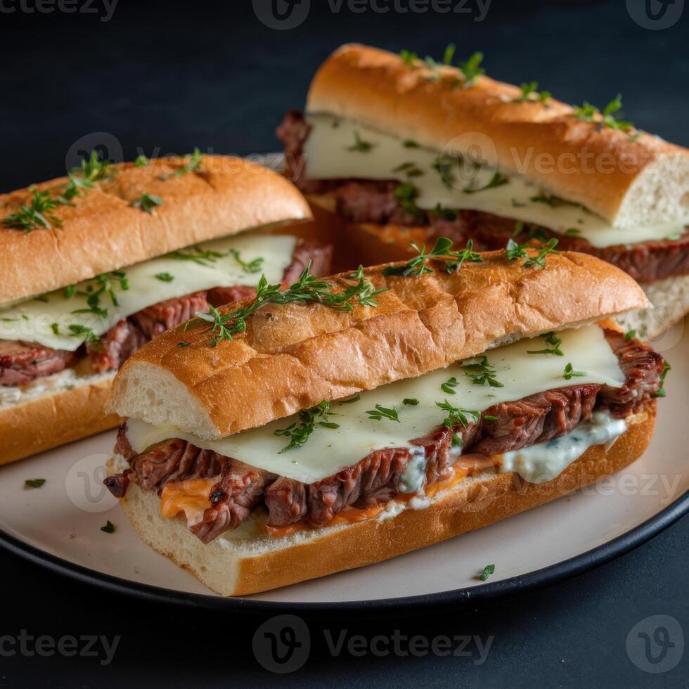 Delicious steak sandwiches with cheese and herbs on crusty bread, plated on a dark background. photo