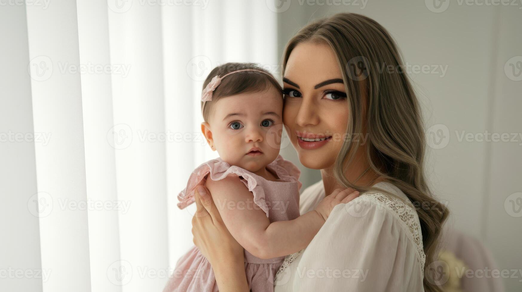 A heartwarming portrait of a mother lovingly holding her baby girl, bathed in soft, natural light. photo