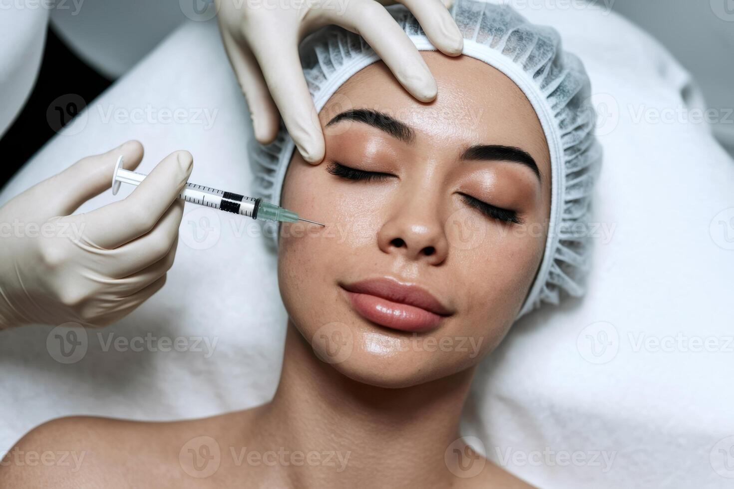 Woman receives an injection for facial aesthetics, highlighting beauty and skincare treatments. photo