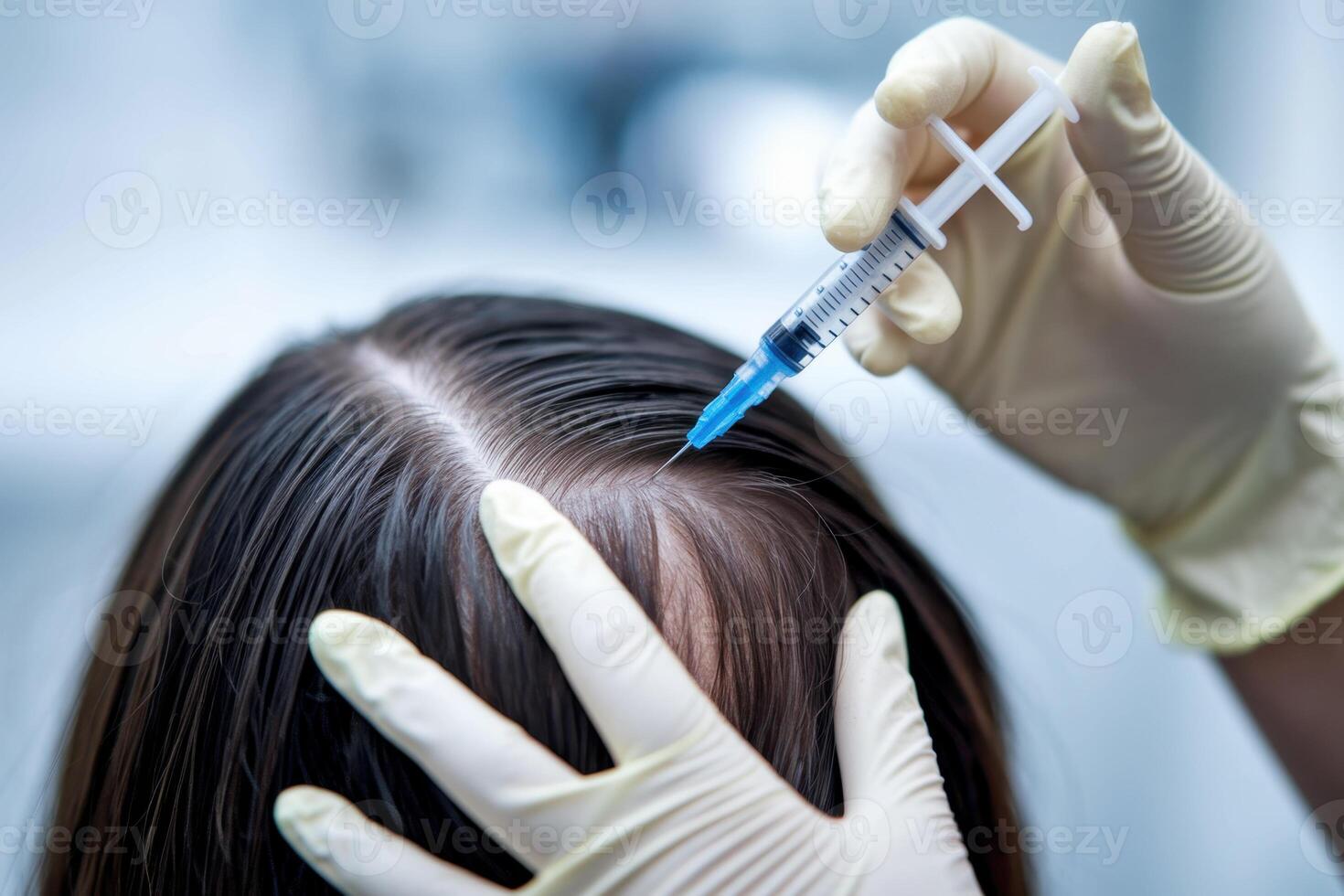 Injecting a patient's scalp with a needle. The procedure involves gloves and care for hair health. photo