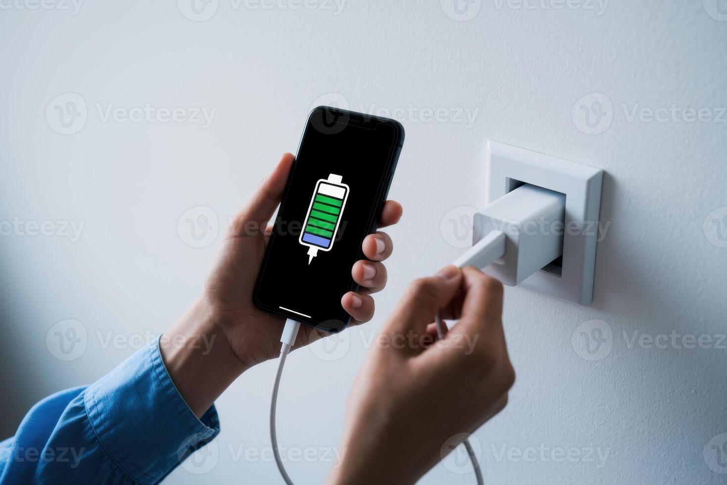 Charging a mobile device plugging USB-C cable into charger with full battery icon displayed. photo