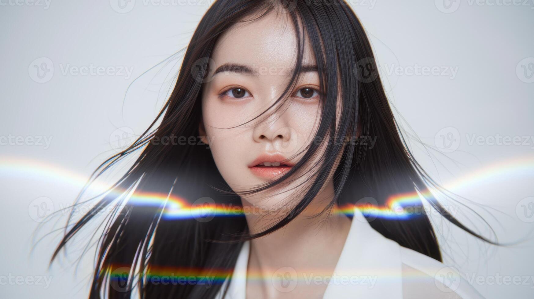 A portrait of a woman with long, flowing dark hair, illuminated by a vibrant spectrum of light. photo