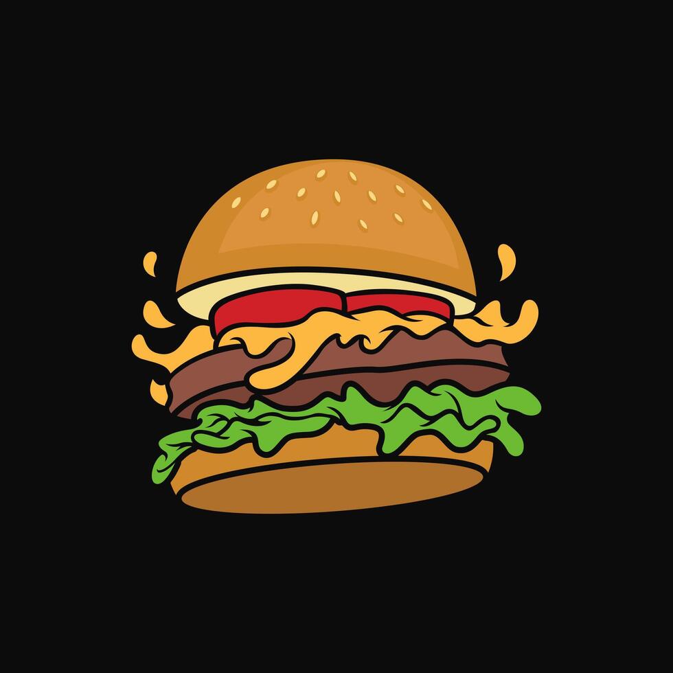Delicious hamburger with cheese and sesame seeds isolated on a black background illustration design vector
