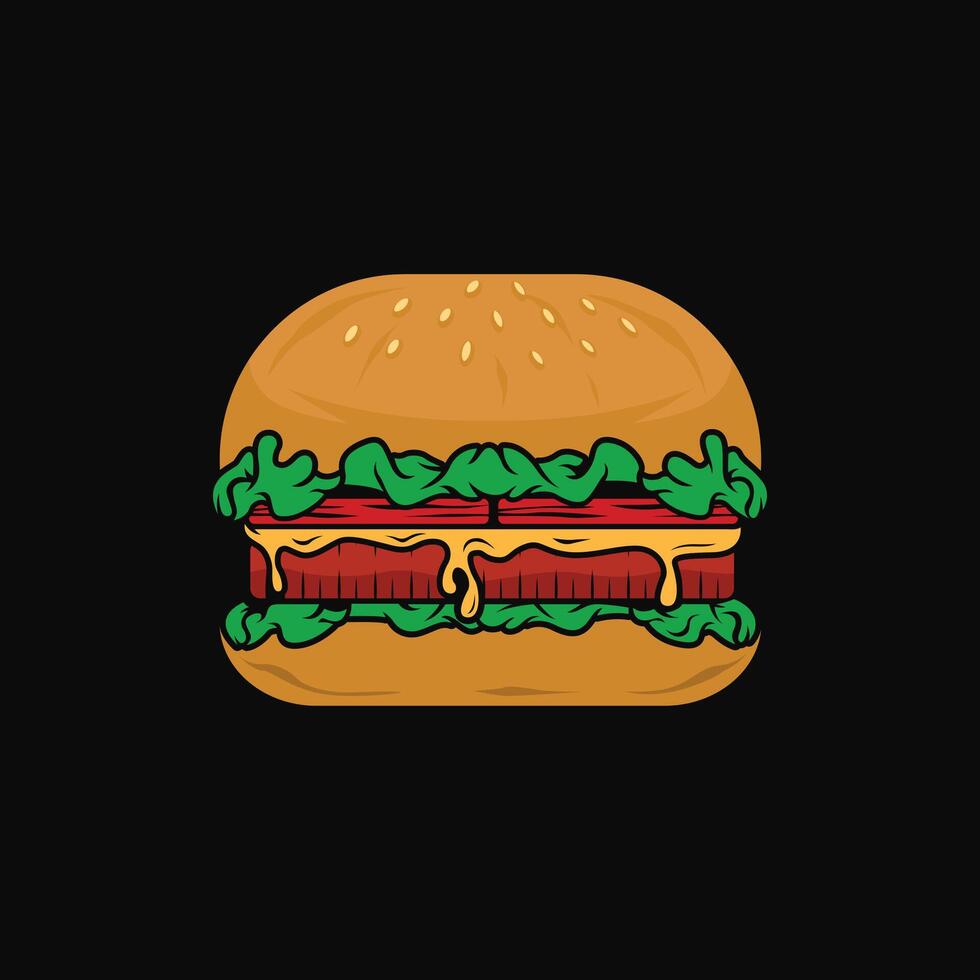 Cartoon delicious hamburger with cheese and sesame seeds isolated on a black background illustration design vector
