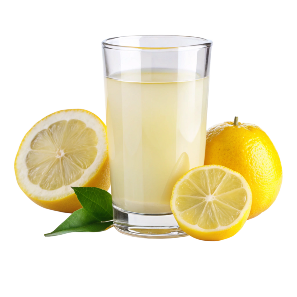 Refreshing Glass of Lemon Juice with Lemon Slices and Leaves png