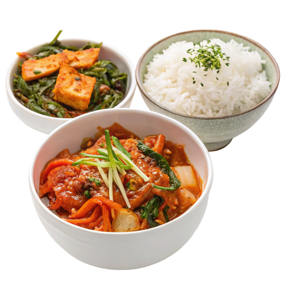 Delicious and Flavorful Asian Cuisine Combo Tofu with Spinach, Spicy Vegetable Curry, and Steamed Rice png
