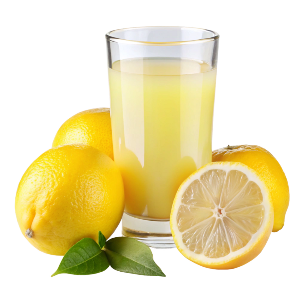 Refreshing Glass of Lemon Juice with Fresh Lemons and Green Leaves png