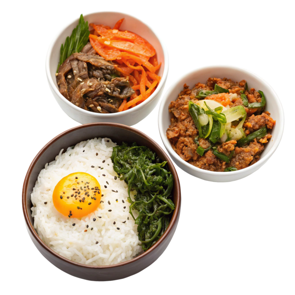 Delicious Korean Bibimbap Bowl with Rice Egg Carrots Beef and Greens png