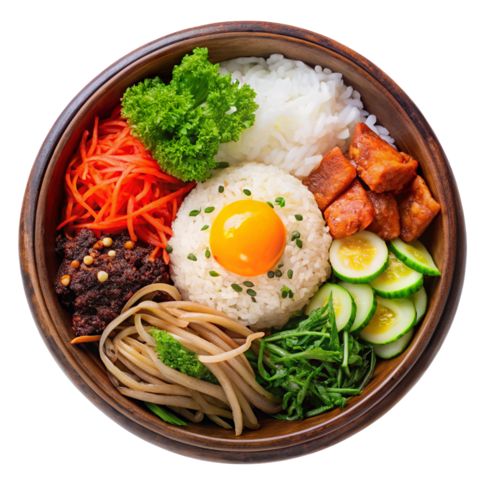 Delicious and Nutritious Bibimbap Bowl with Rice Egg Carrots Cucumbers and More png