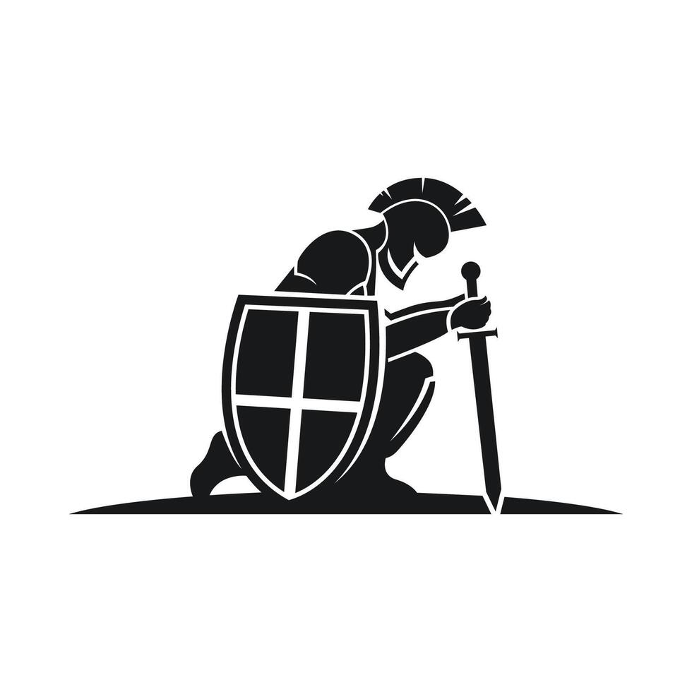 Silhouette of a knight holding a sword and shield logo vector
