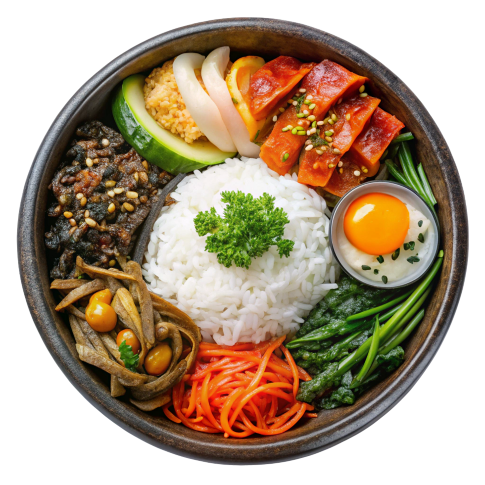 Delicious and Colorful Korean Bibimbap Bowl with Various Toppings png