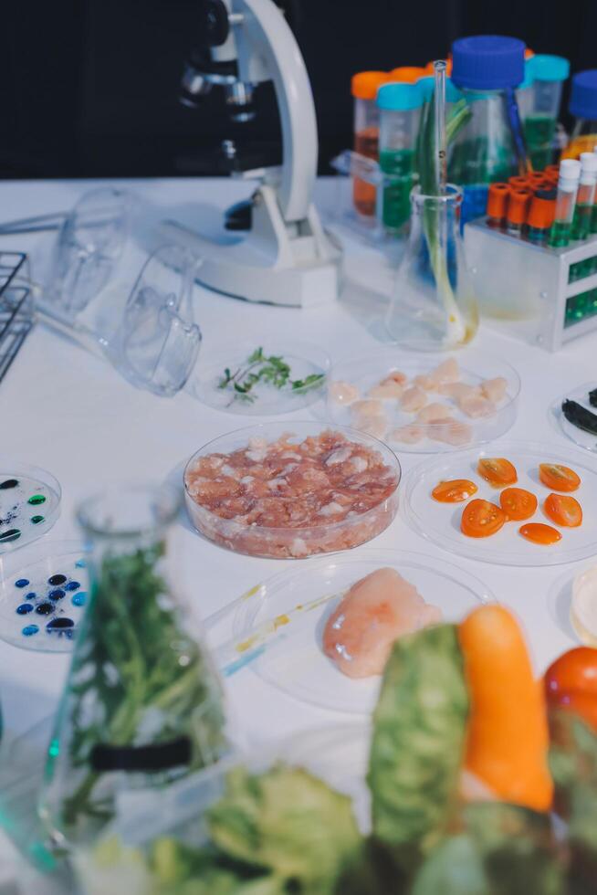 A table with a laptop, a microscope, and a variety of food photo