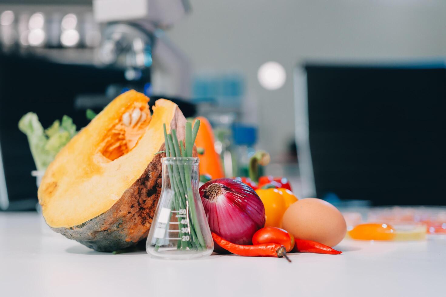 Foods and vegetables in a laboratory photo