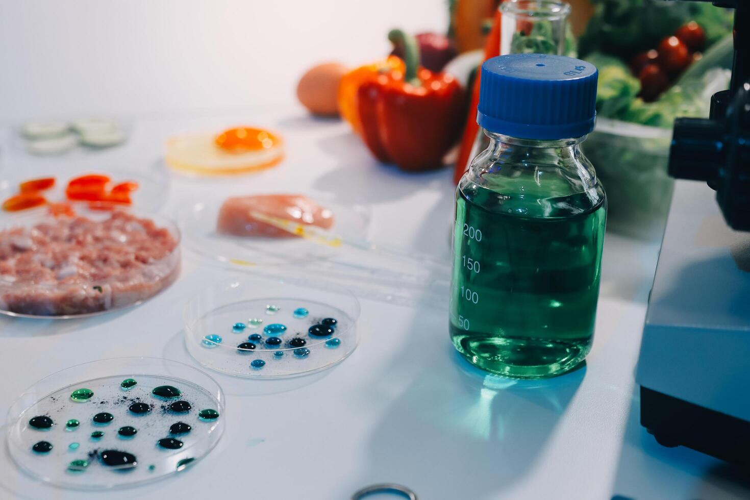 A table with a bottle of liquid and other ingredients photo