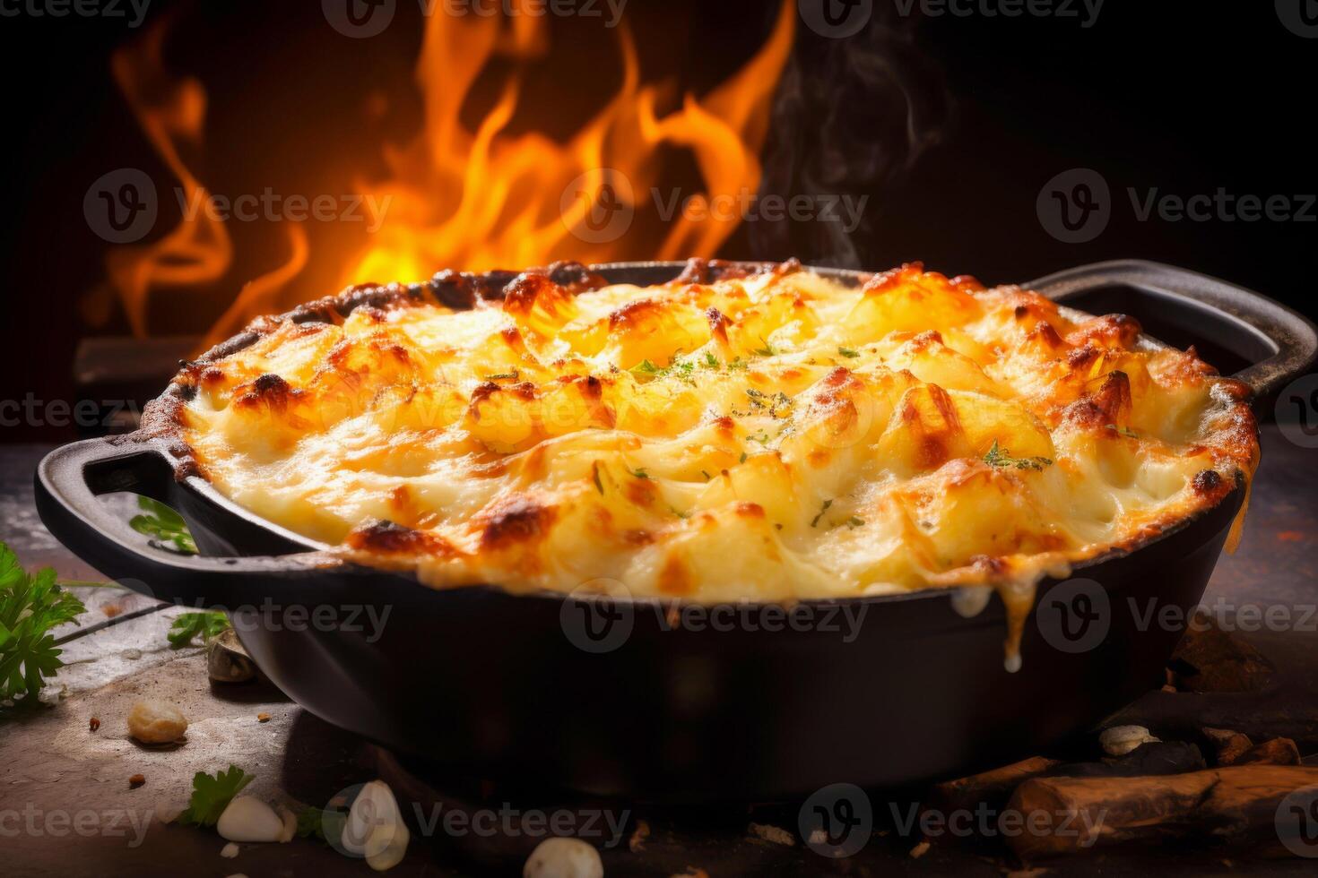 Cheesy potato gratin in cast iron skillet with golden crust set against backdrop of open fire photo