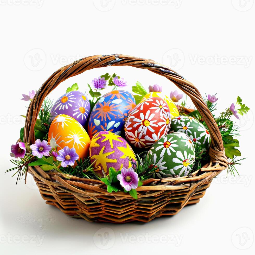Basket filled with painted easter eggs decorated floral patterns isolated on white photo