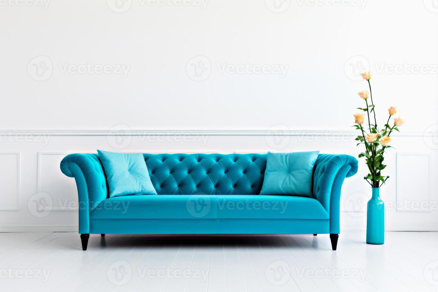 Stylish turquoise sofa with pillows in elegant white minimalist interior design photo