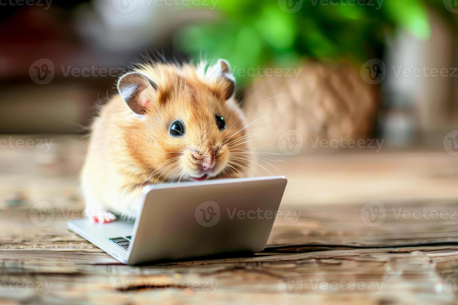 Cute hamster using tiny laptop photo