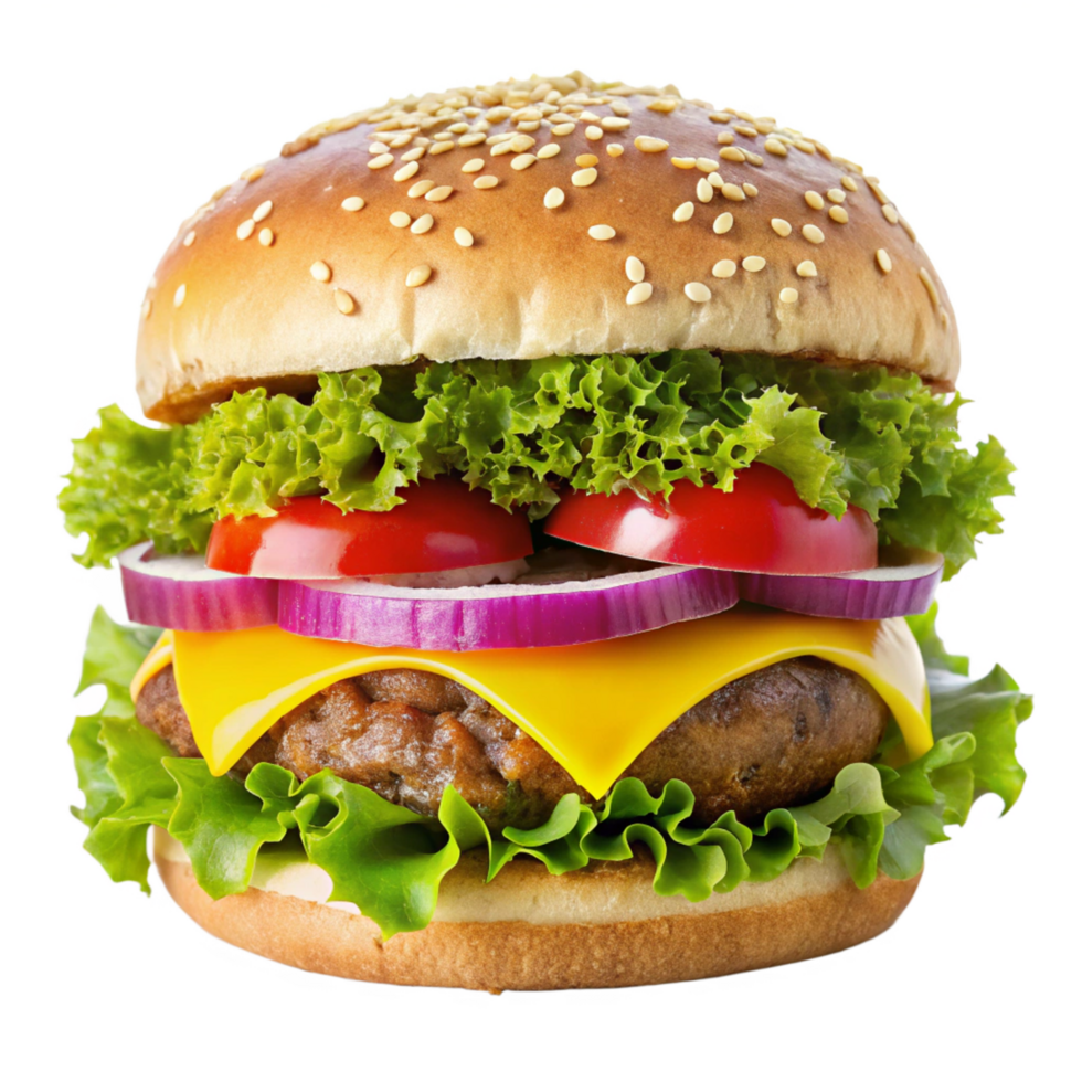 Juicy Cheeseburger with Sesame Seed Bun Lettuce Tomato and Onion png